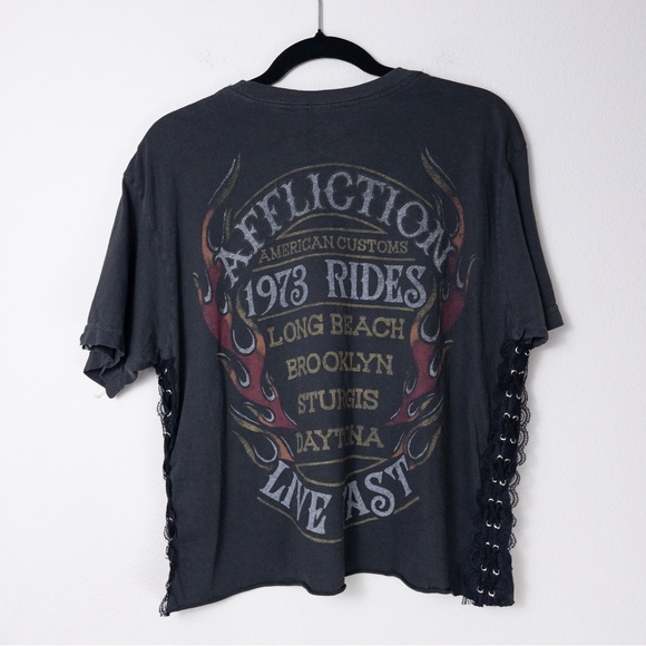 NEW Affliction Speed to Burn Graphic Biker Moto Tee L Black Lace Sheer Grommet - Picture 8 of 9